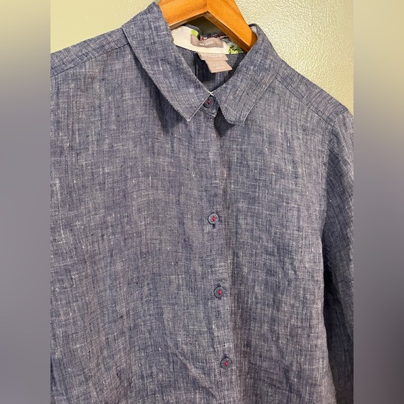 Chicos No Iron. 100% Linen Chambray Blue Shirt Top 3/4 Sleeves Size 1/10 - Picture 3 of 13